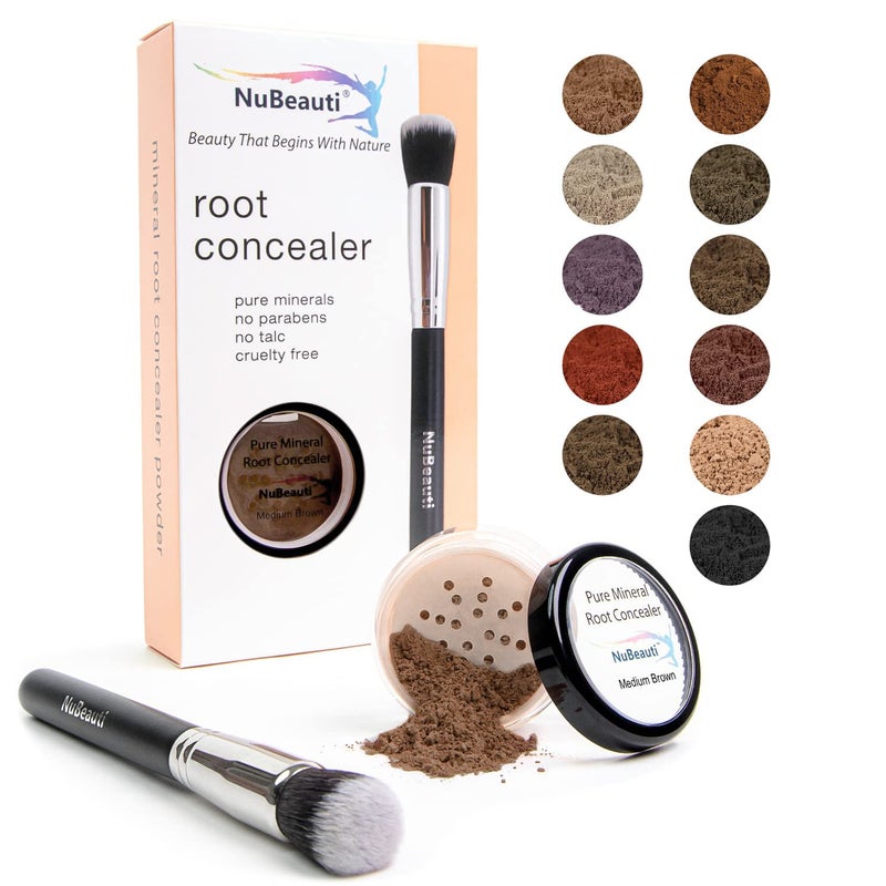 NuBeauti بودرة تصحيح جذور الشعر من NuBeauti - بني متوسط - 11 لون مطابق للطبيعة لإخفاء الجذور - تدوم طويلاً، خالية من العطور، خالية من البارابين، خالية من التلك، بودرة شعر معدنية مع فرشاة - Image 1